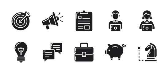 Business set icon featuring bold glyph‑style versions of 10 essential business icons like target, announcement, task, staff, and strategy, in unified vector design.