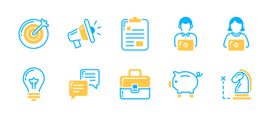 Business set icon in dual‑tone style featuring 10 core business icons including goal, alert, task board, employees, ideas, chat, portfolio, savings, strategic planning, business tools.