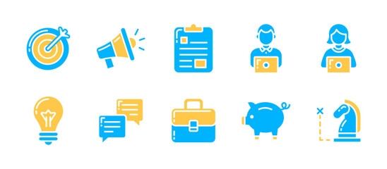 Business set icon in dual‑tone style featuring 10 core business icons including goal, alert, task board, employees, ideas, chat, portfolio, savings, strategic planning, business tools.