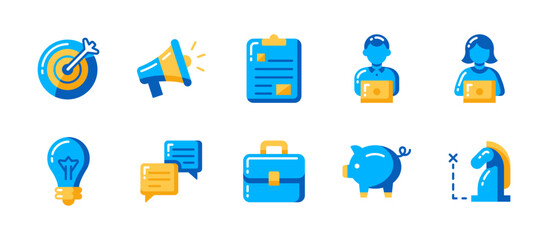 Business icon set in flat style with 10 modern vectors: goal marking, notifications, task planning, working staff, ideas, messaging, portfolio, savings, strategy tools.