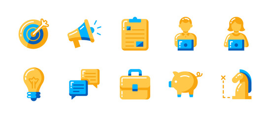Business icon set in flat style with 10 modern vectors: goal marking, notifications, task planning, working staff, ideas, messaging, portfolio, savings, strategy tools.