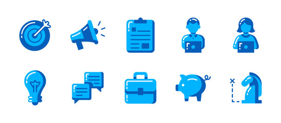 Business icon set in flat style with 10 modern vectors: goal marking, notifications, task planning, working staff, ideas, messaging, portfolio, savings, strategy tools.