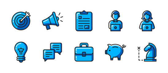 Business icon set in colored outline style with 10 detailed icons: target, announcement, task, staff, ideas, chat, briefcase, savings, strategy. all in vibrant line art.