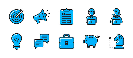 Business icon set in colored outline style with 10 detailed icons: target, announcement, task, staff, ideas, chat, briefcase, savings, strategy. all in vibrant line art.