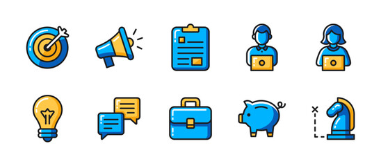 Business icon set in colored outline style with 10 detailed icons: target, announcement, task, staff, ideas, chat, briefcase, savings, strategy. all in vibrant line art.
