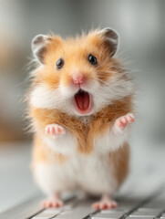 A small, fluffy golden hamster with a round body and large eyes stands on a keyboard, appearing surprised or excited. Its fur is soft and well-groomed.