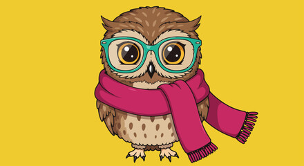 Cartoon owl with green glasses and pink scarf on vivid yellow background
