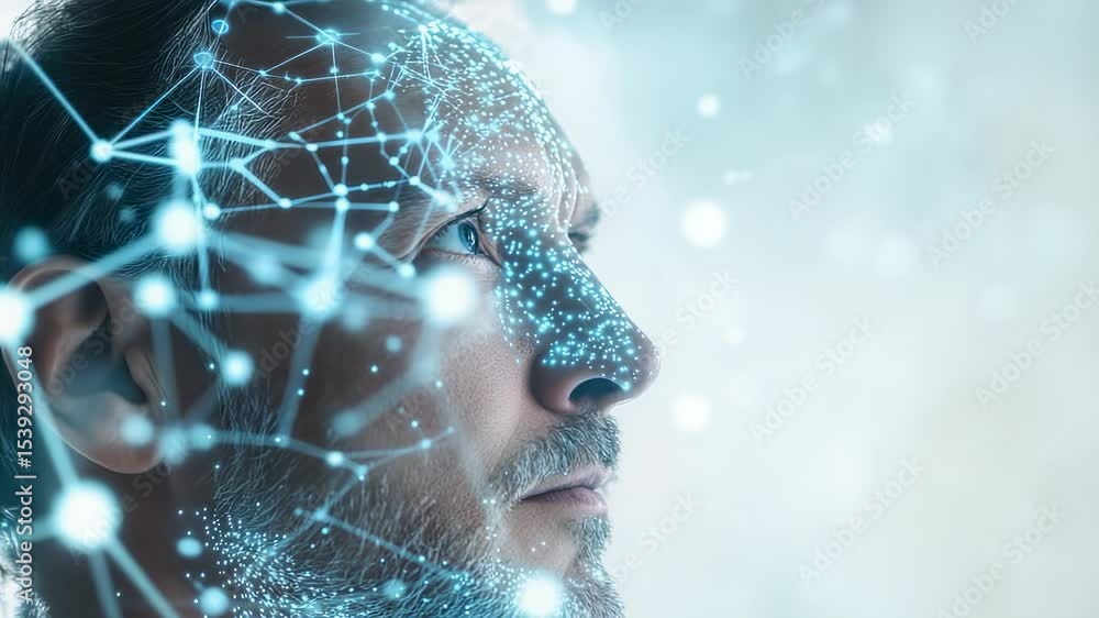 Poster man with digital network overlay, futuristic tech concept