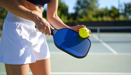 A Close-Up of a Focused Pickleball Player in Action, Paddle Gripped and Ready, Intense Expression, Dynamic Posture, Bright Court Background, Sporty Attire and Motion Captured Mid-Game