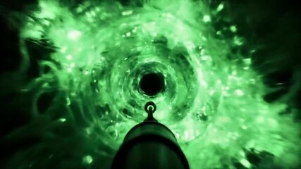 A view through a green swirling vortex with a dark center and a dark object in the foreground - Powered by Adobe