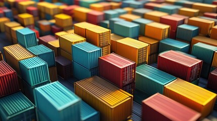 Color-coded cargo containers, organized shipping yard, 3D illustration.