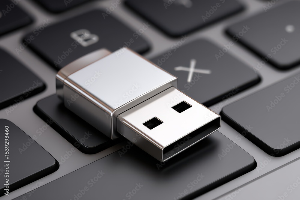 Aufkleber close-up perspective of a sleek usb flash drive partially inserted into a modern laptop keyboard sho