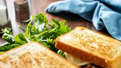 Two toasted sandwiches with cheese, meat slices, and fresh green arugula served on a white plate, offering a vibrant and appetizing food presentation. - Powered by Adobe