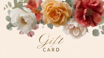 Elegant gift card design featuring a bouquet of peach, white, and red roses.
