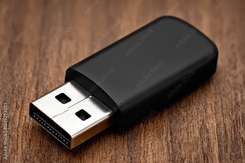 Poster close-up view of a sleek black usb flash drive resting on a wooden surface displaying modern technol