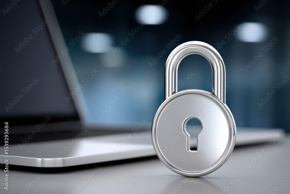 Poster a digital padlock symbolizing cybersecurity protection next to a sleek laptop representing the impor