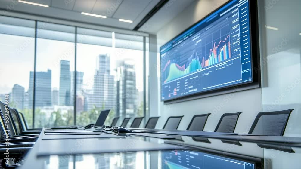 Poster modern conference room with data analytics display and city view
