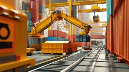 Fototapeta premium Container loading process, mechanical arms and conveyor belts, 3D illustration. 