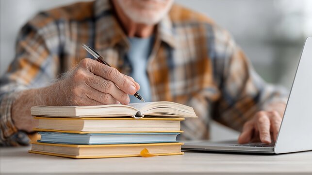 Senior man writing in a notebook, working on a laptop. - Powered by Adobe