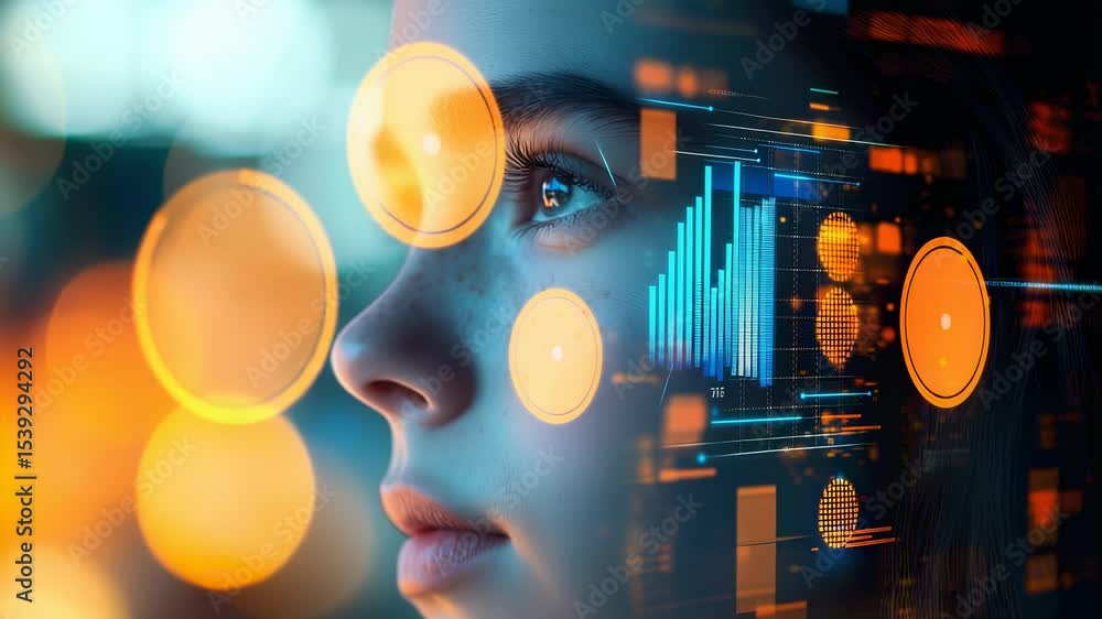 Aufkleber womans face with digital overlay of data charts and glowing orbs, futuristic tech style