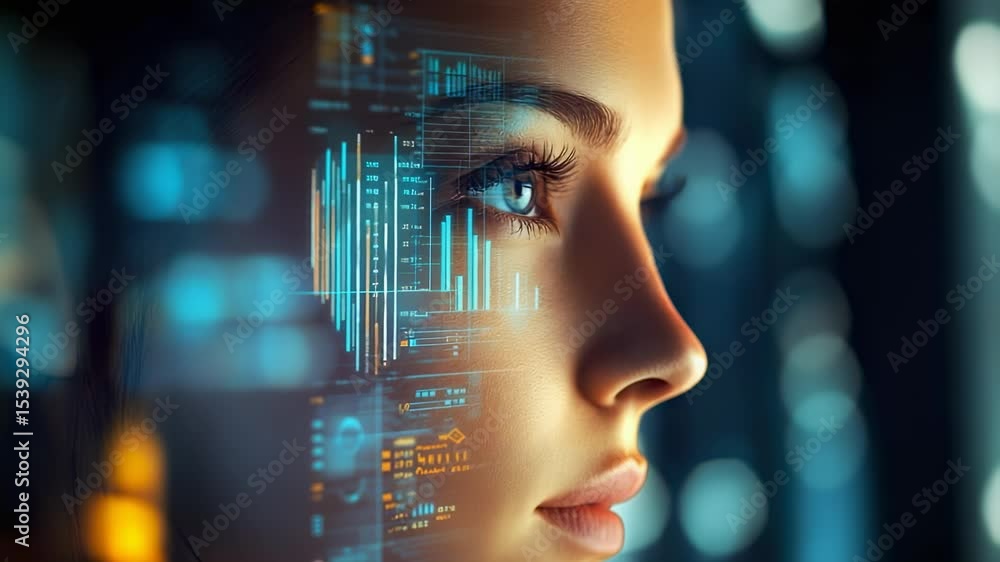 Poster futuristic portrait of a woman with digital interface overlay, showcasing advanced technology and da