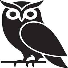 A stylized black owl perched on a branch against a light beige background in vector format