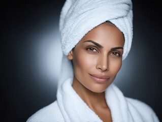 Obraz premium Confident woman with a towel on her head and robe captures a serene moment of self-care and relaxation in an elegant and peaceful setting emphasizing natural beauty and wellness
