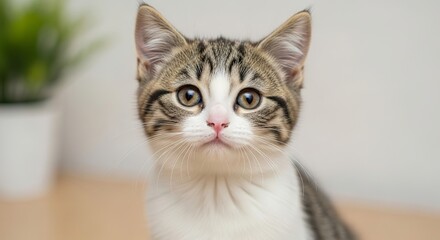 Adorable Kitten with Striking Gaze Close-Up Portrait of a Tabby and White Cat