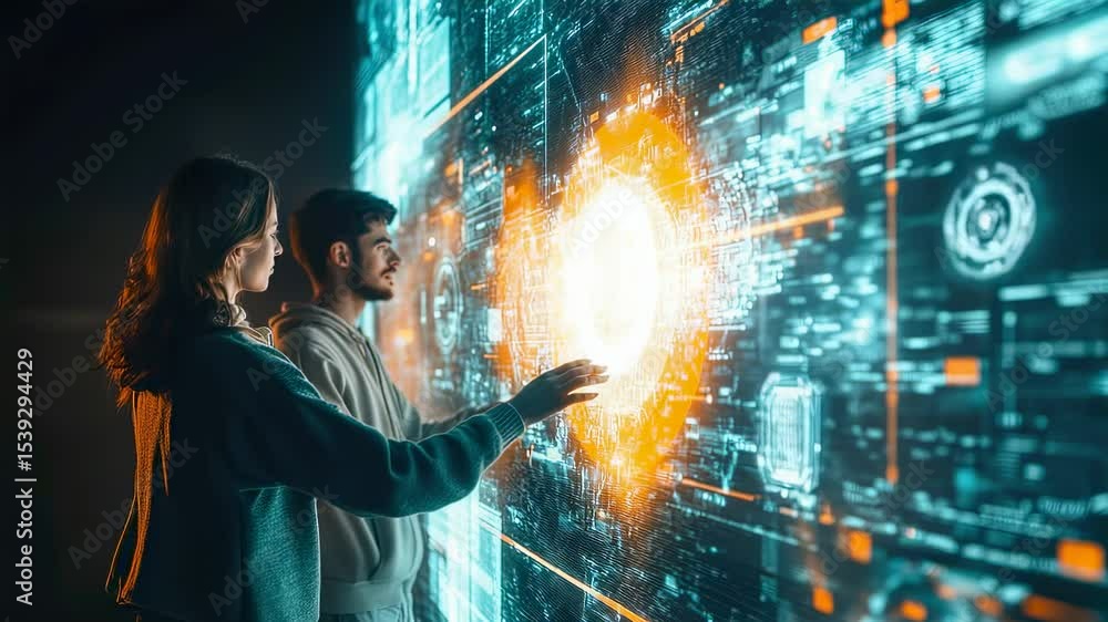 Aufkleber people interacting with a holographic display showing complex data and glowing orb in a dark room, f