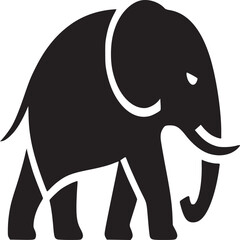 A stylized black elephant with white accents walking to the right on a light beige background