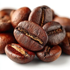 Fototapeta premium Macro shot of aromatic roasted coffee beans on white background