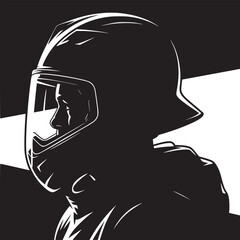 Silhouette of a person wearing a helmet with a visor against a red and beige background design