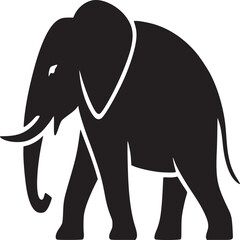 A stylized black silhouette of an elephant with tusks on a light beige background illustration