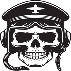 A skull wearing a pilot hat with airplane symbol goggles and headset in black and white vector art