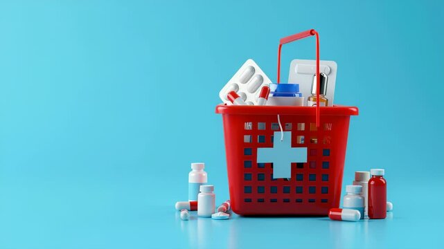 Red shopping basket filled with medicine on blue background