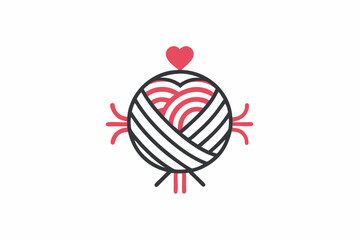 Black and white line art illustration of a ball of yarn with a crochet hook and a heart-shaped thread loop. 
