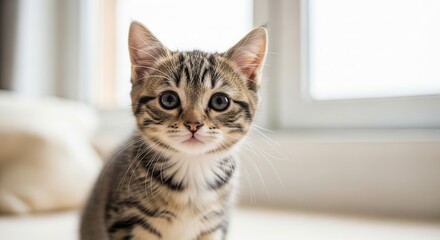 Naklejka premium Adorable Tabby Kitten Close-Up Portrait of a Curious Feline Friend