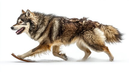 Obraz premium Alaskan Malamute Dog Running with a Stick on White