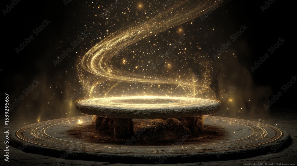 Poster a stone altar with a circular platform surrounded by swirling golden light and sparkling particles