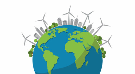 Naklejka premium Illustration of Earth with wind turbines and urban skyline