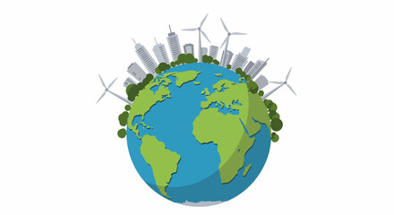 Illustration of Earth with African continent, modern buildings, and wind turbines