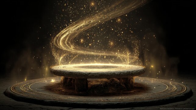 A stone altar with a circular platform surrounded by swirling golden light and sparkling particles