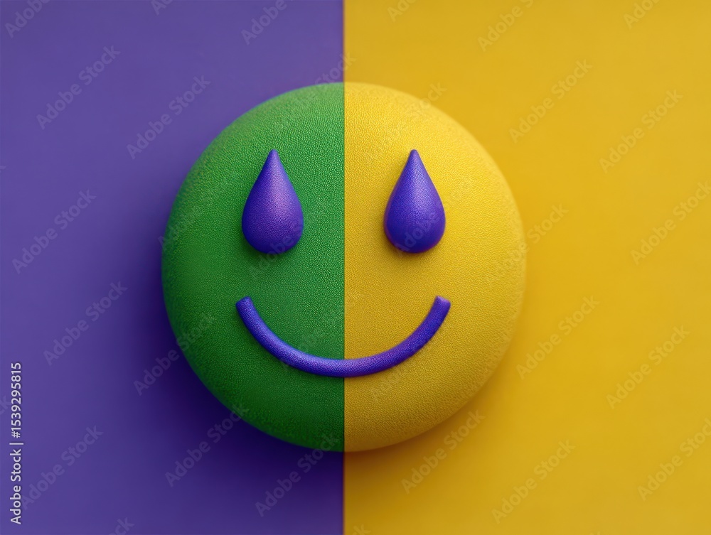 Poster unique emoticon design featuring a half-smiling face with colorful backgrounds capturing the essence