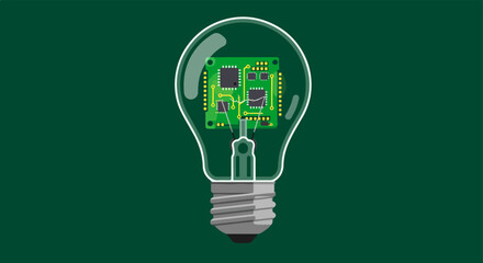 Detailed illustration of a classic lightbulb with a green circuit board and silver base