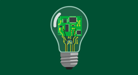 Minimalist lightbulb illustration with electronic circuit board design on solid green background