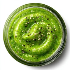 Creamy Green Pesto Sauce in Bowl, Swirl Design, Top View