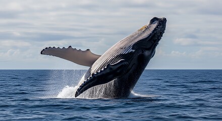 Fototapeta premium Splashing Humpback Whale Jumping Out of Dark Blue Ocean Water