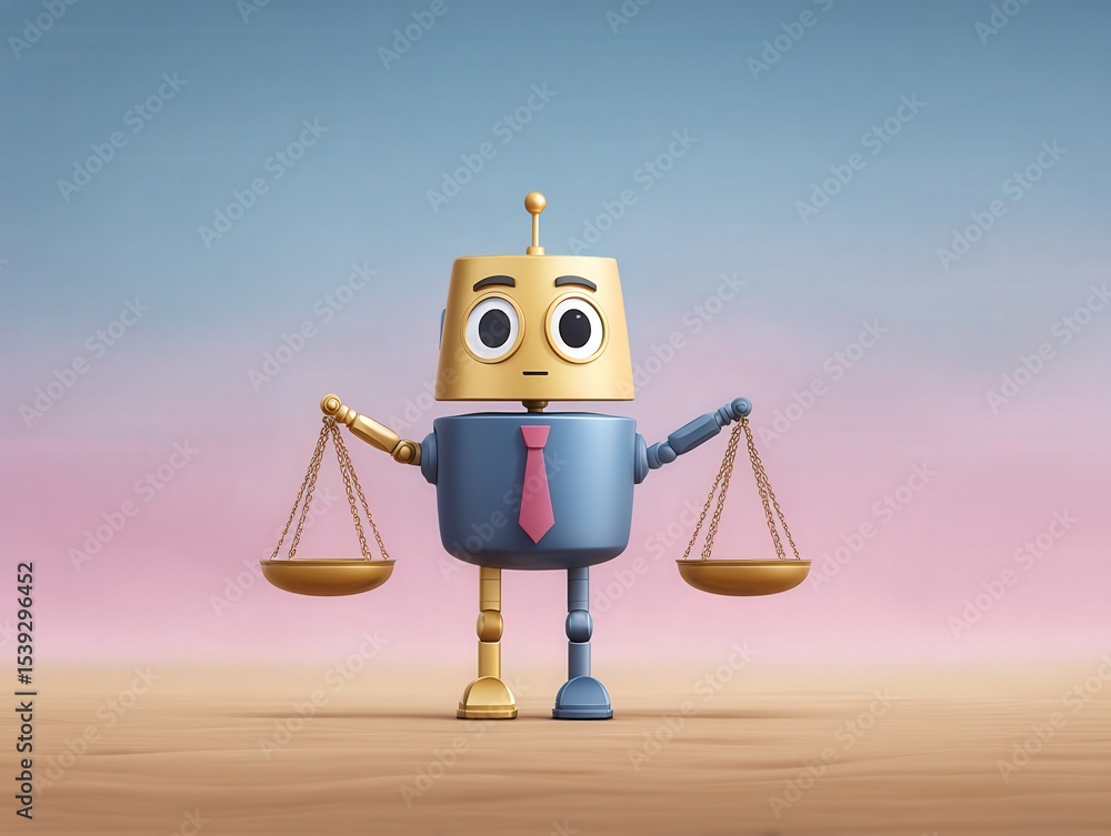 Poster ai-assisted robot character holding balanced scales representing justice technology and ethics in a 