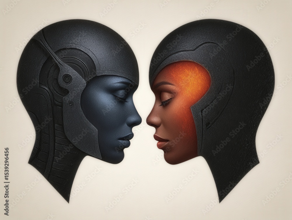 Poster portrait of two interconnected human profiles representing the fusion of technology and humanity sho
