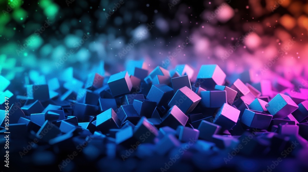 Aufkleber neon cubes abstract: a vibrant abstract image of numerous dark blue cubes illuminated with neon rain